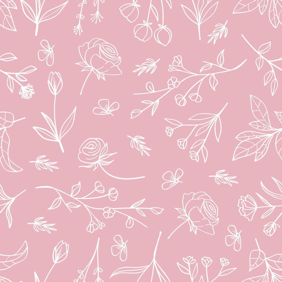 Botanical seamless pattern lin art on pink background. illustration. vector