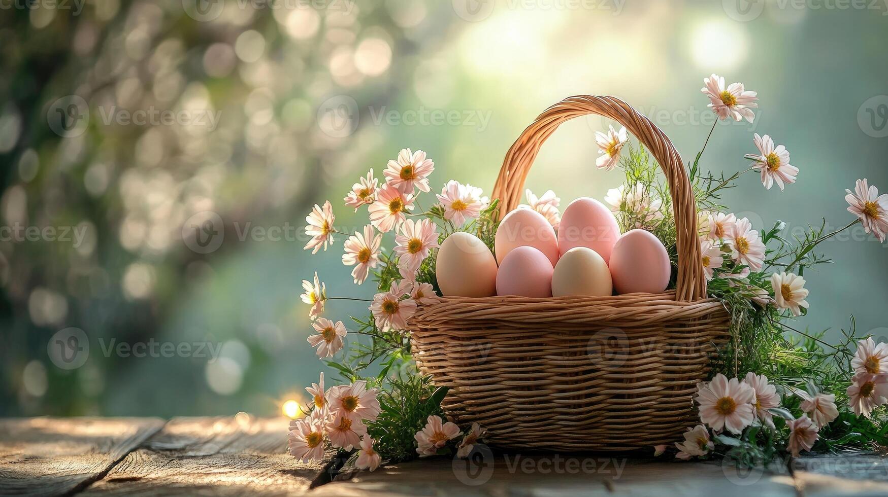 Easter eggs and pink daisies adorning a wicker basket in a beautiful garden setting. photo