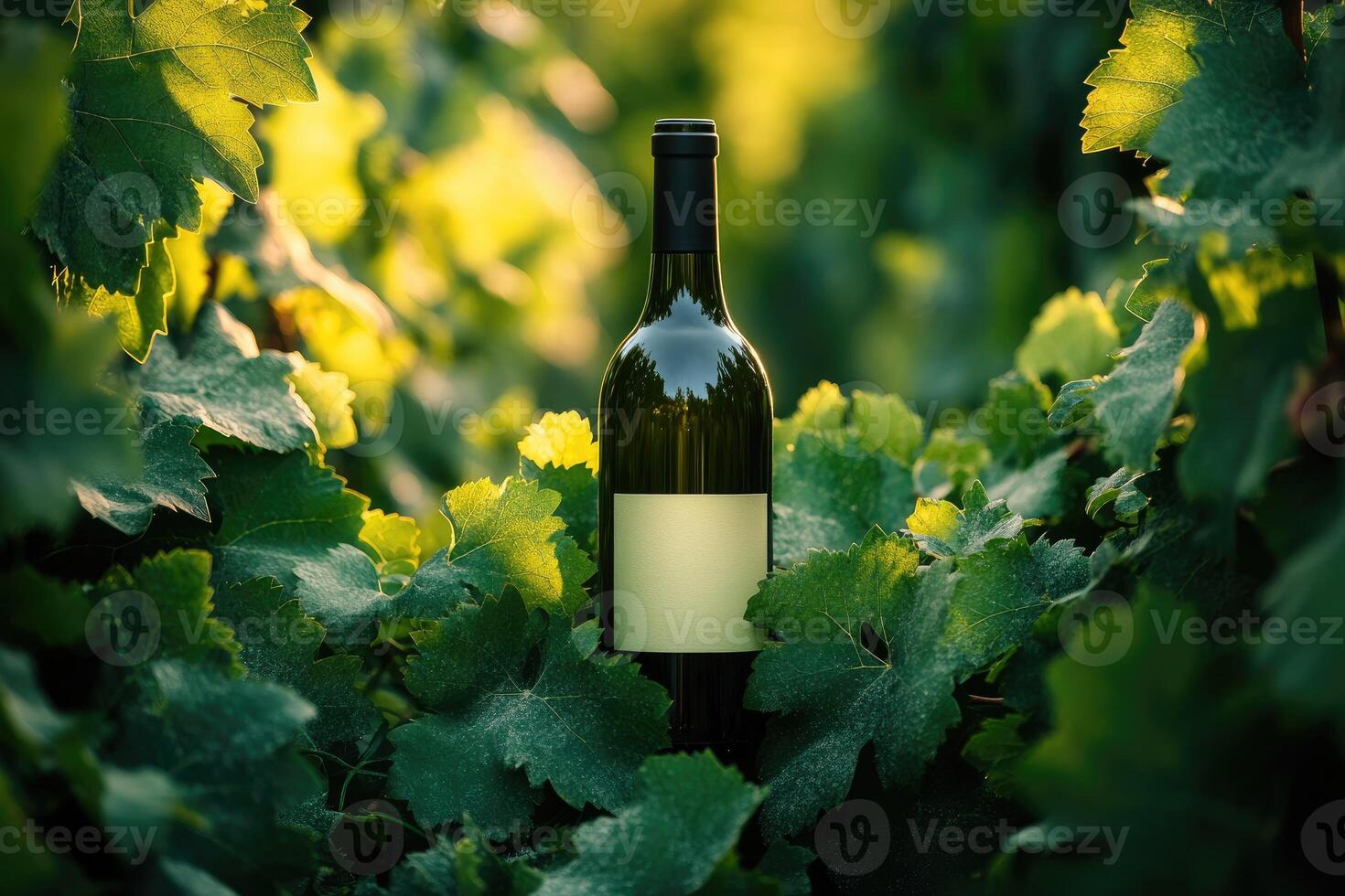 Bottle of white wine resting among illuminated grape leaves at sunset. photo