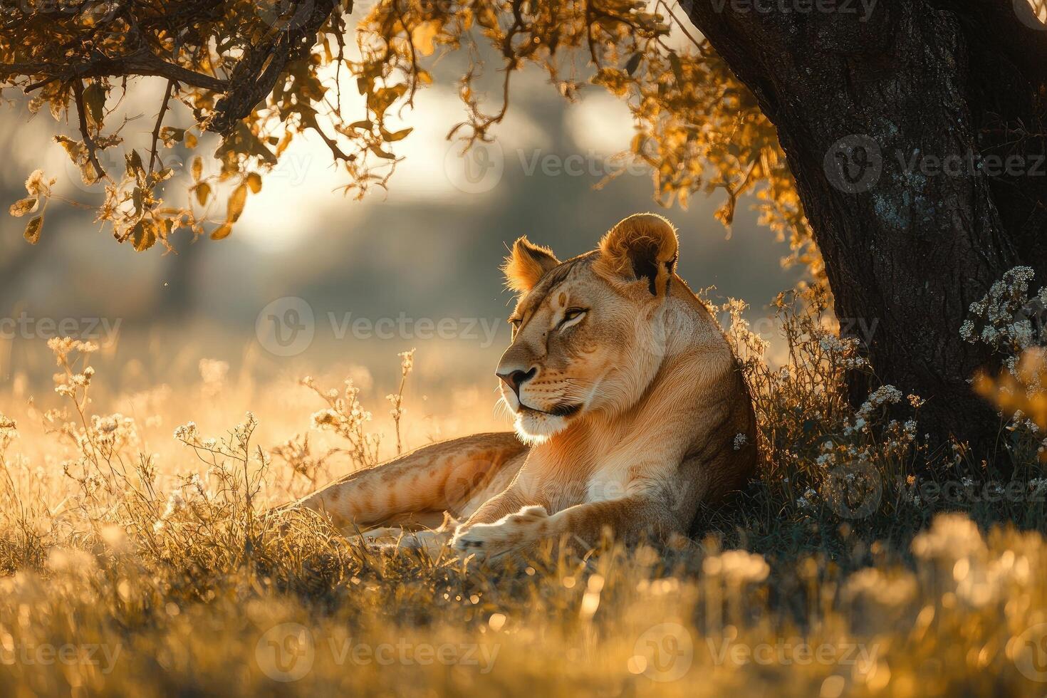 Lioness resting under a tree at sunset in the african savanna photo