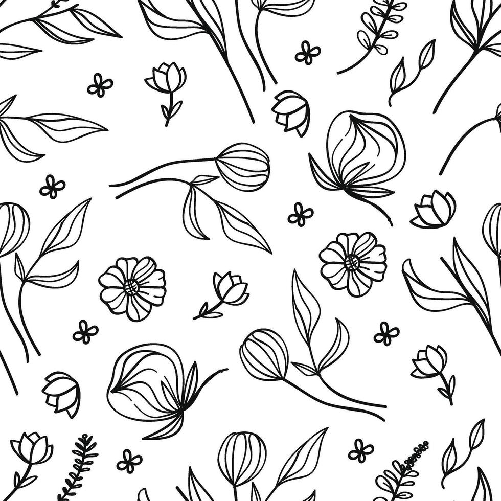 Seamless Botanical Floral Pattern Hand Drawn Line Art vector