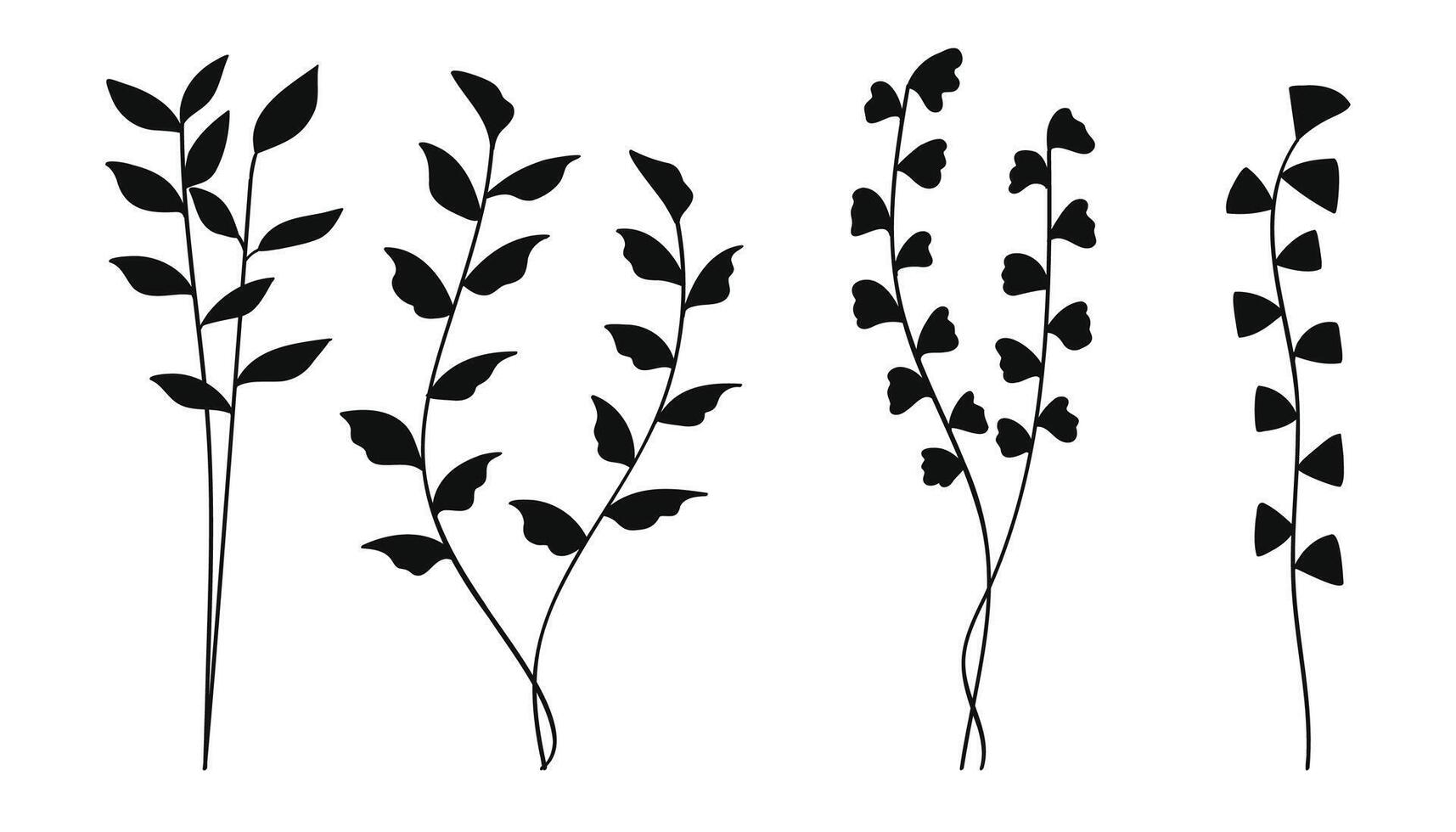 Silhouette botanical set featuring tree branches and leaves. illustration. vector