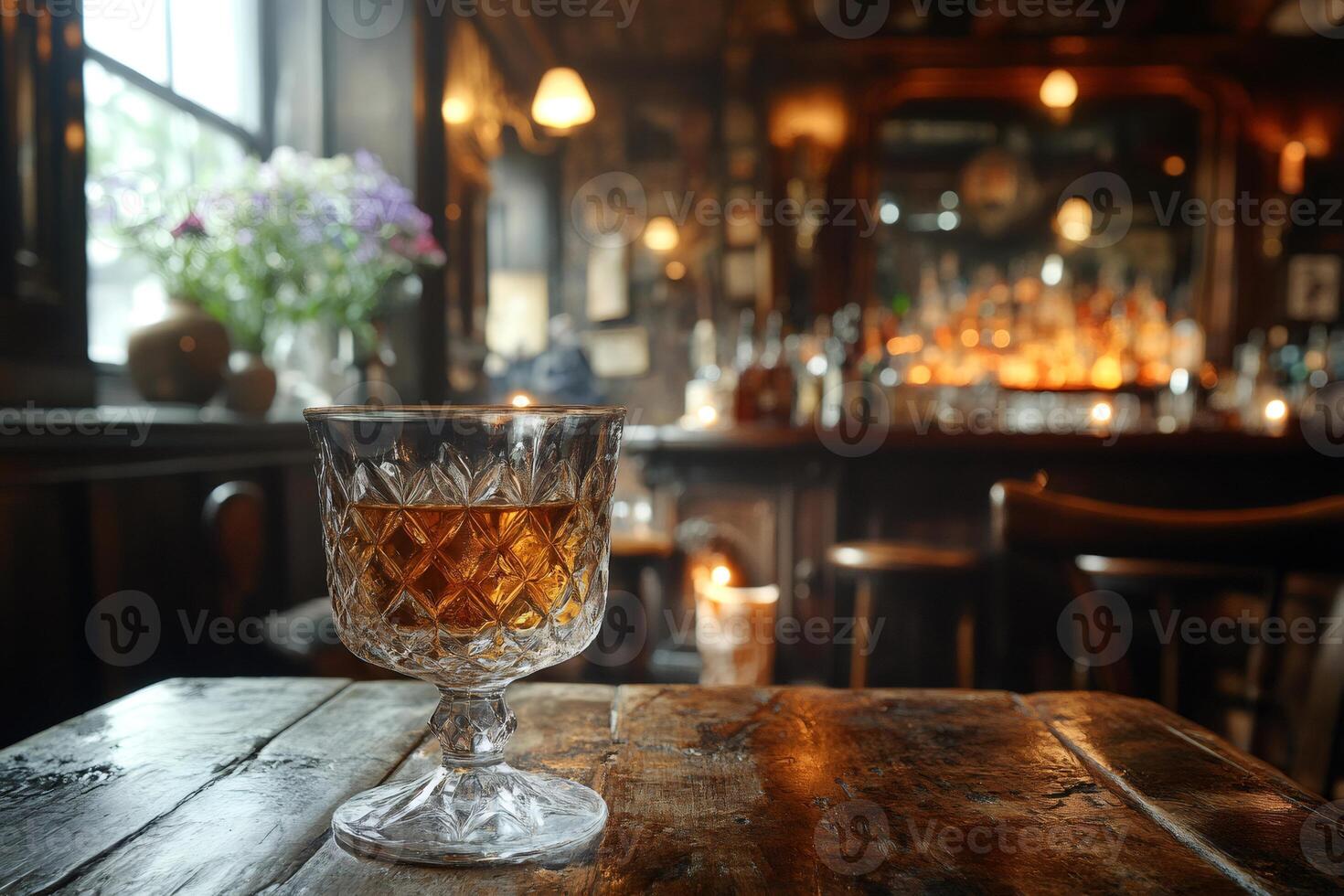 Crystal glass of whisky sitting on wooden table in traditional pub photo