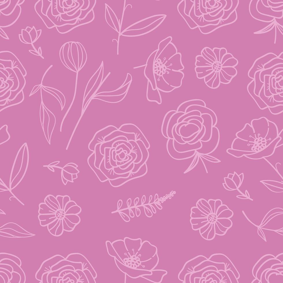 Seamless Botanical Floral Pattern Hand Drawn Line Art Isolated On Pink Background. Illustration. vector