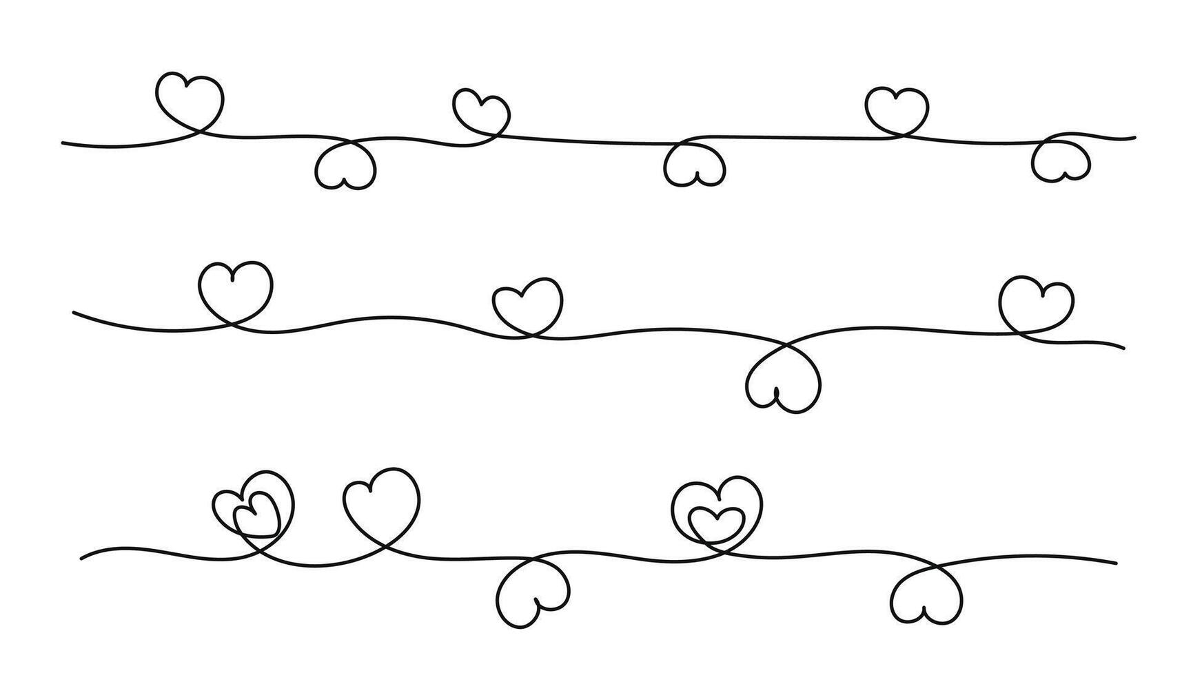 Set of continuous line heart border on white background for valentines day. illustration. vector