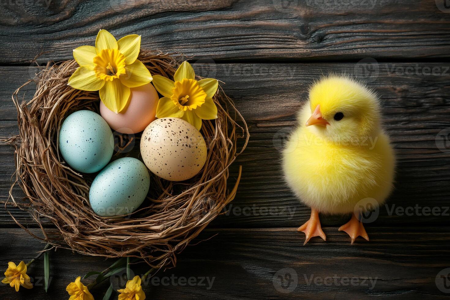 Cute chick standing near easter nest with colorful eggs and daffodils on rustic wood photo