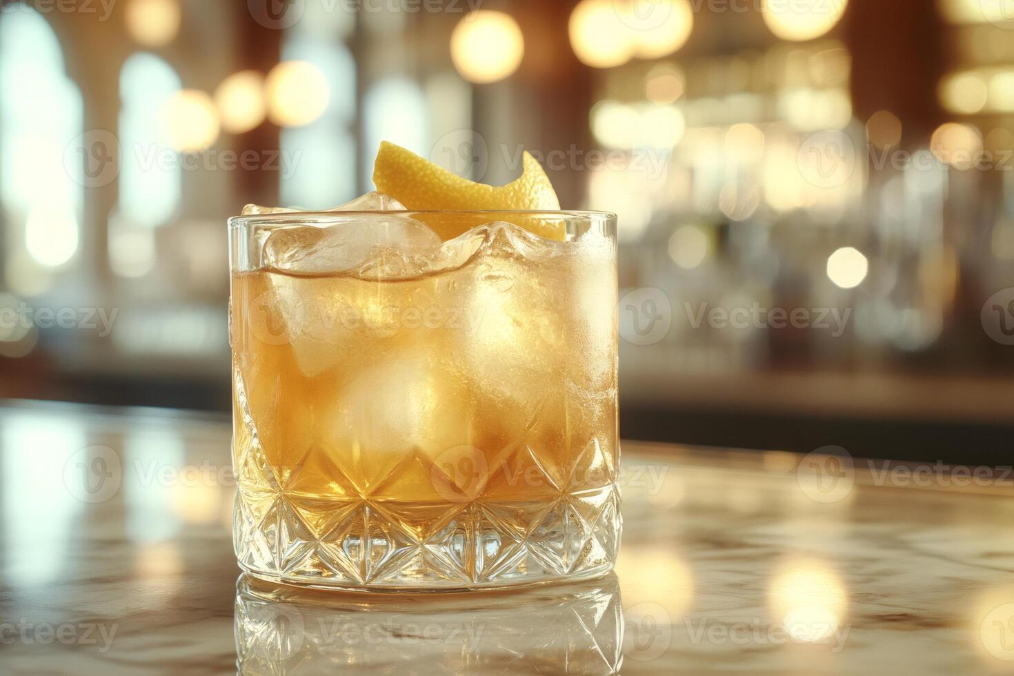 Crystal old fashioned glass sitting on bar with lemon twist garnish photo