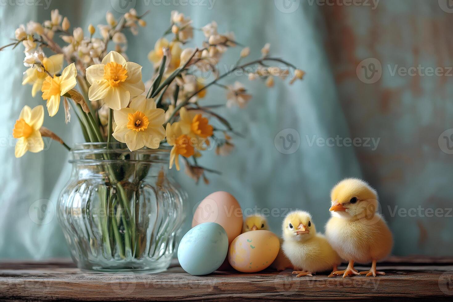 Charming Spring Scene with Chicks and Daffodils photo