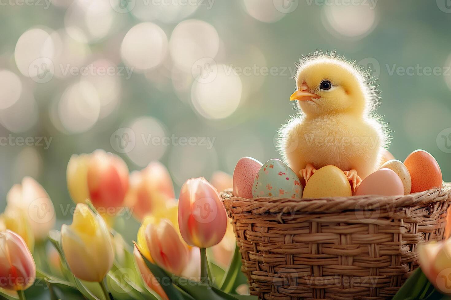 Cute baby chick sitting in basket with easter eggs and tulips photo