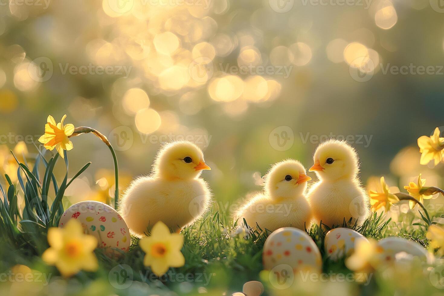 Three cute chicks enjoying easter morning in a field of daffodils photo