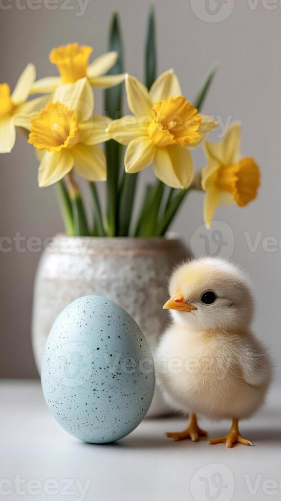 Little chick standing next to easter egg with daffodils in the background photo