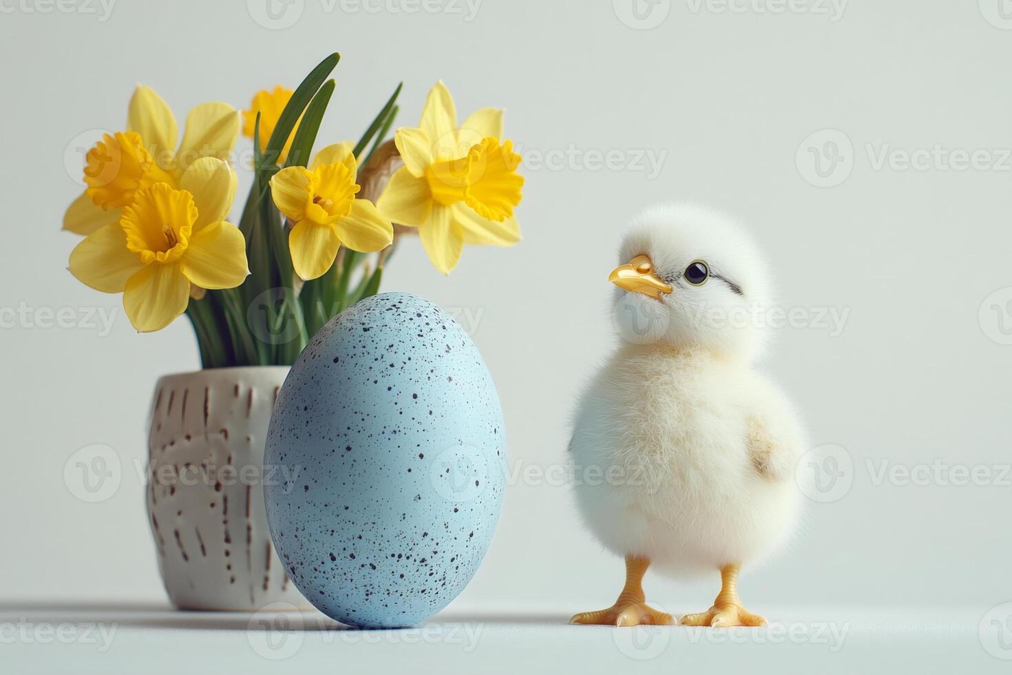 Cute chick standing next to easter egg and daffodils in vase photo