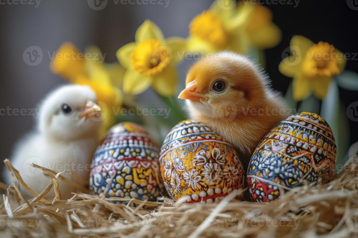 Cute baby chicks resting on colorful easter eggs with daffodils in background photo