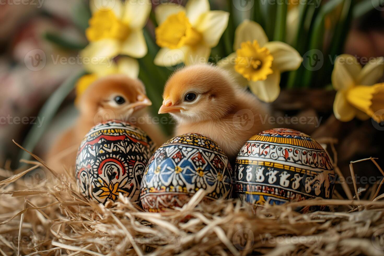 Two baby chicks are sitting in nest with easter eggs and daffodils in background photo