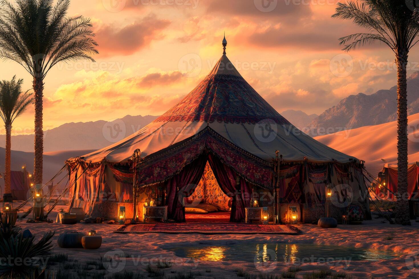 Luxurious desert camp with illuminated tent at sunset photo