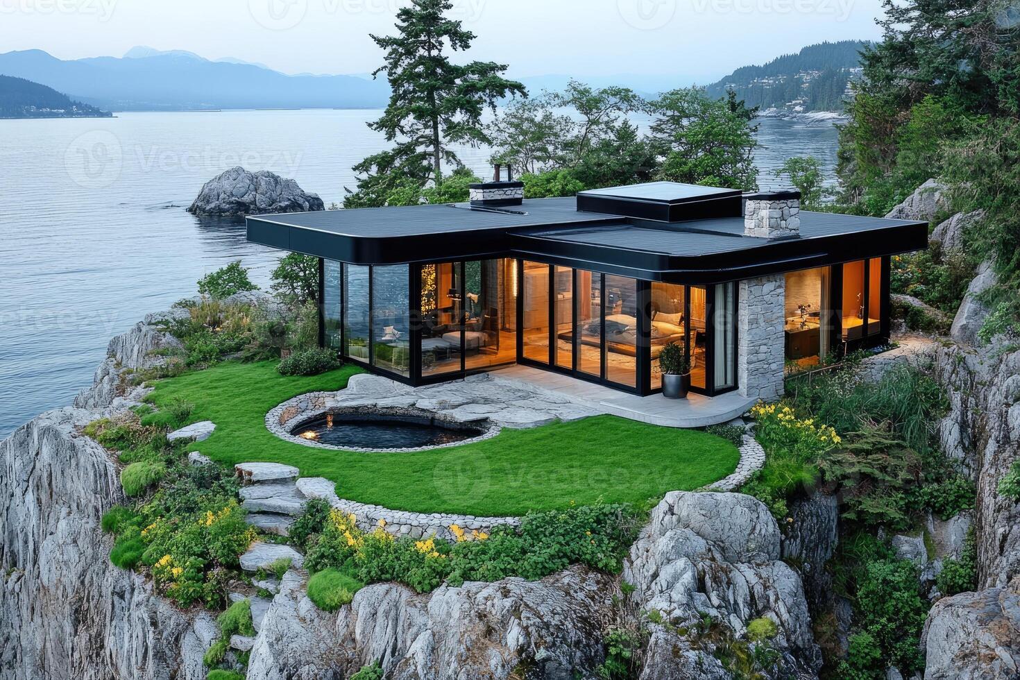 Modern cliffside house overlooking tranquil ocean bay at sunset photo