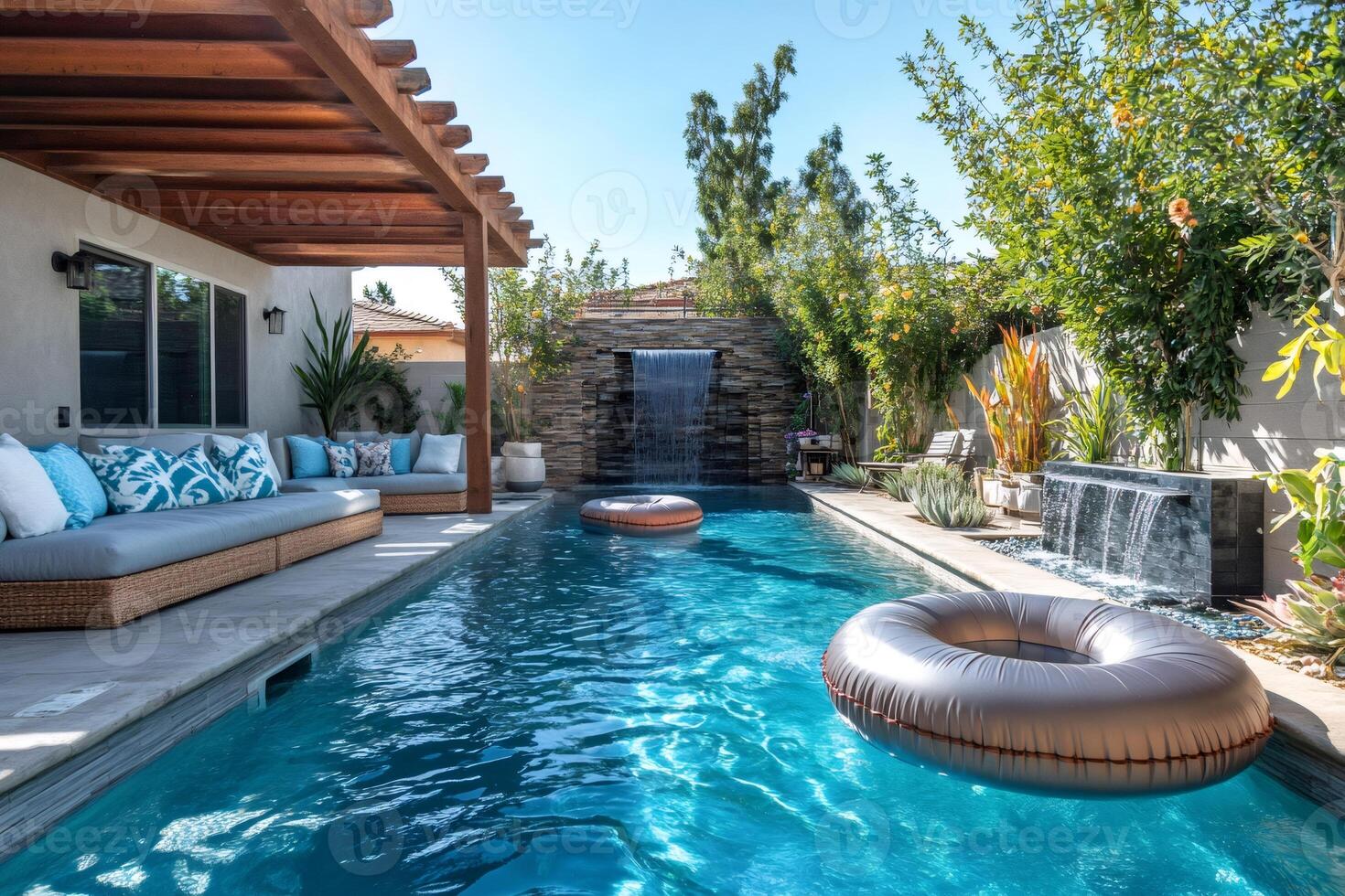 Inviting swimming pool with waterfalls and pergola in backyard photo