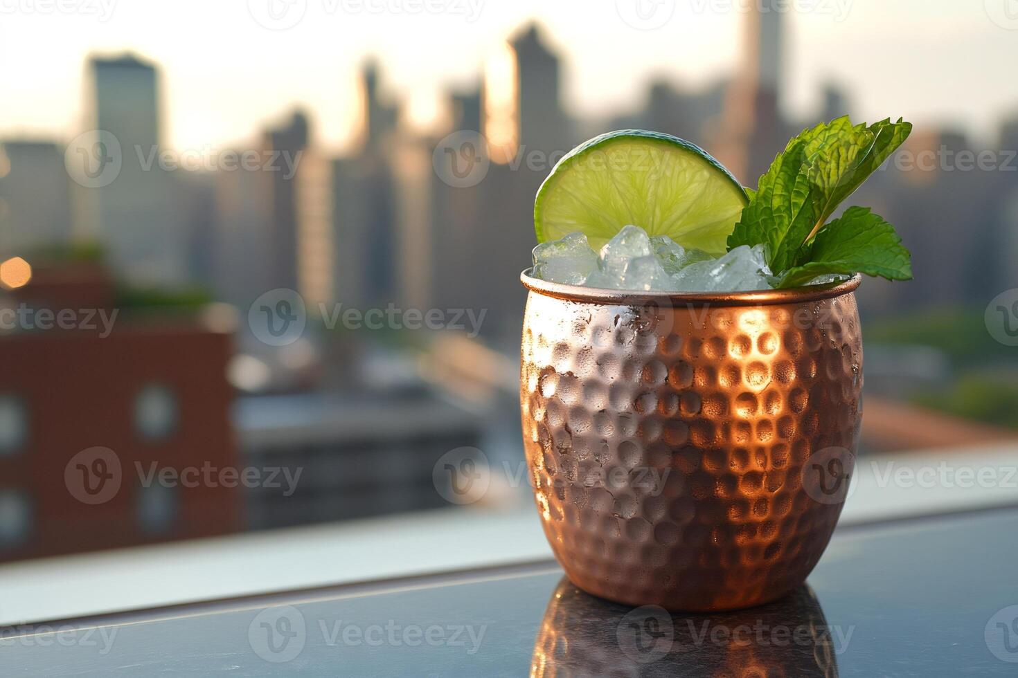 Moscow mule cocktail is served in copper mug with crushed ice, mint and lime, enjoying New York City sunset view photo