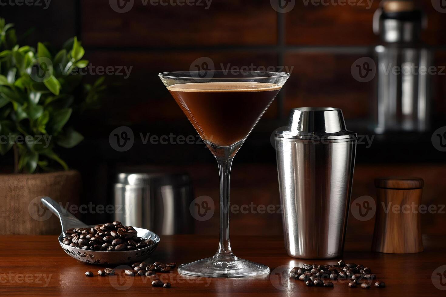 Espresso Martini cocktail being poured into a glass, with coffee beans and shaker on a bar photo