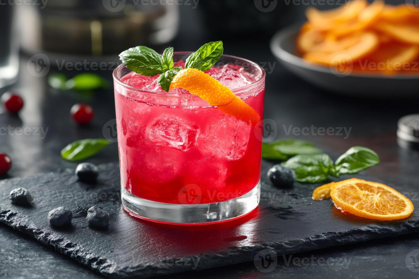 Refreshing red cocktail with ice, orange peel and basil leaves on slate photo
