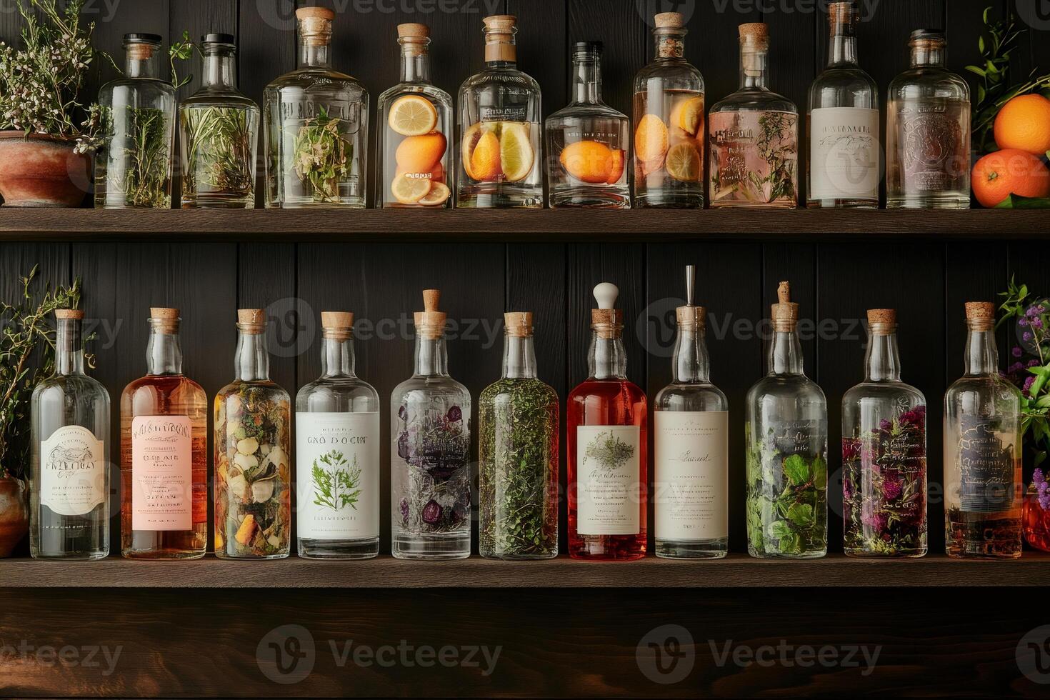 Colorful bottles with cork and various herbs and fruits macerating on a wooden shelf photo