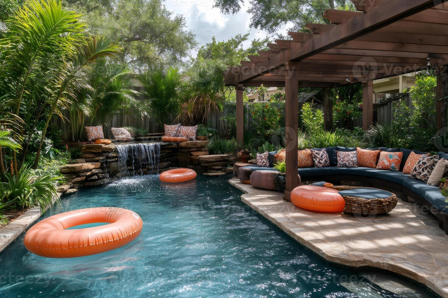 Luxurious backyard with swimming pool, waterfall and pergola photo