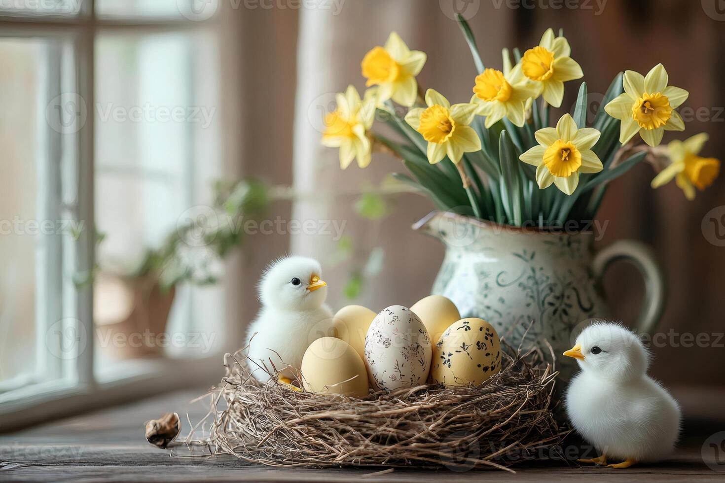 Easter chicks and eggs in nest with daffodils in rustic window photo