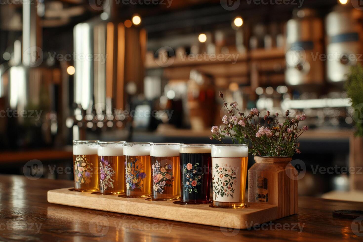 Beer flight resting on wooden tray in brewery photo