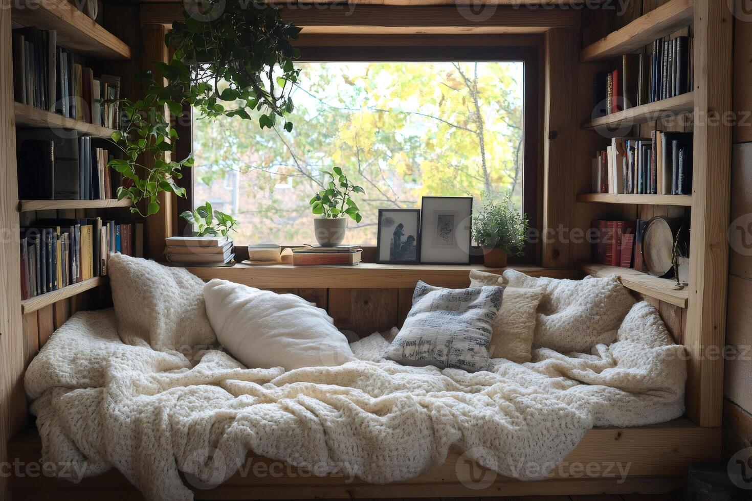 Cozy reading nook overlooking autumn trees with books and plants creating a peaceful atmosphere photo