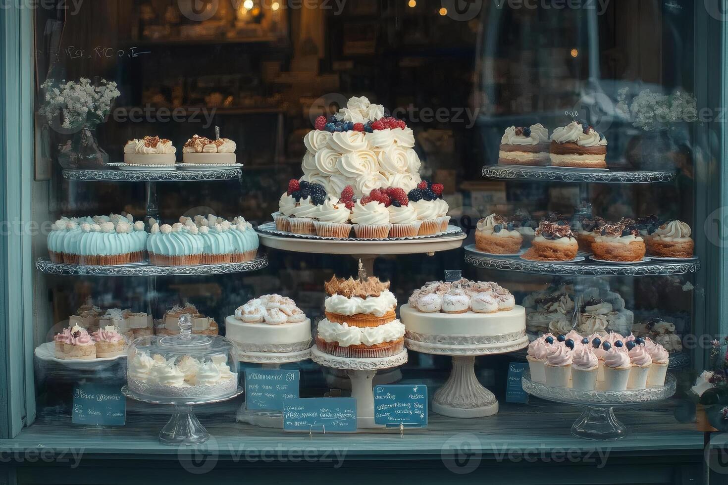 Delicious cakes and cupcakes decorating a pastry shop window photo
