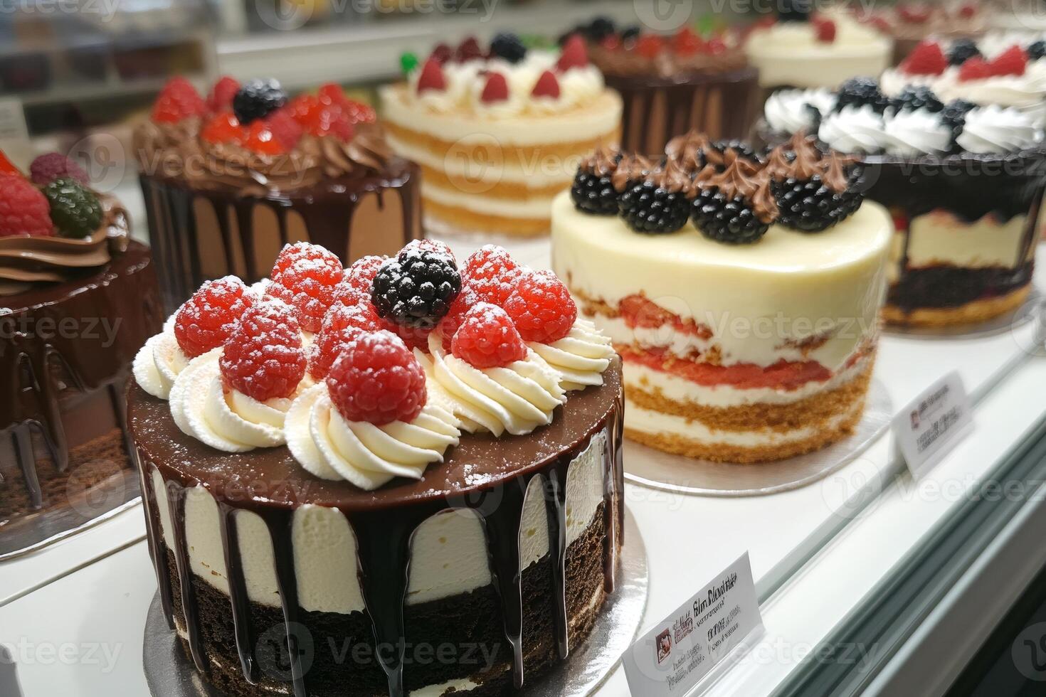 Delicious cakes with fresh berries topping sitting in bakery display photo