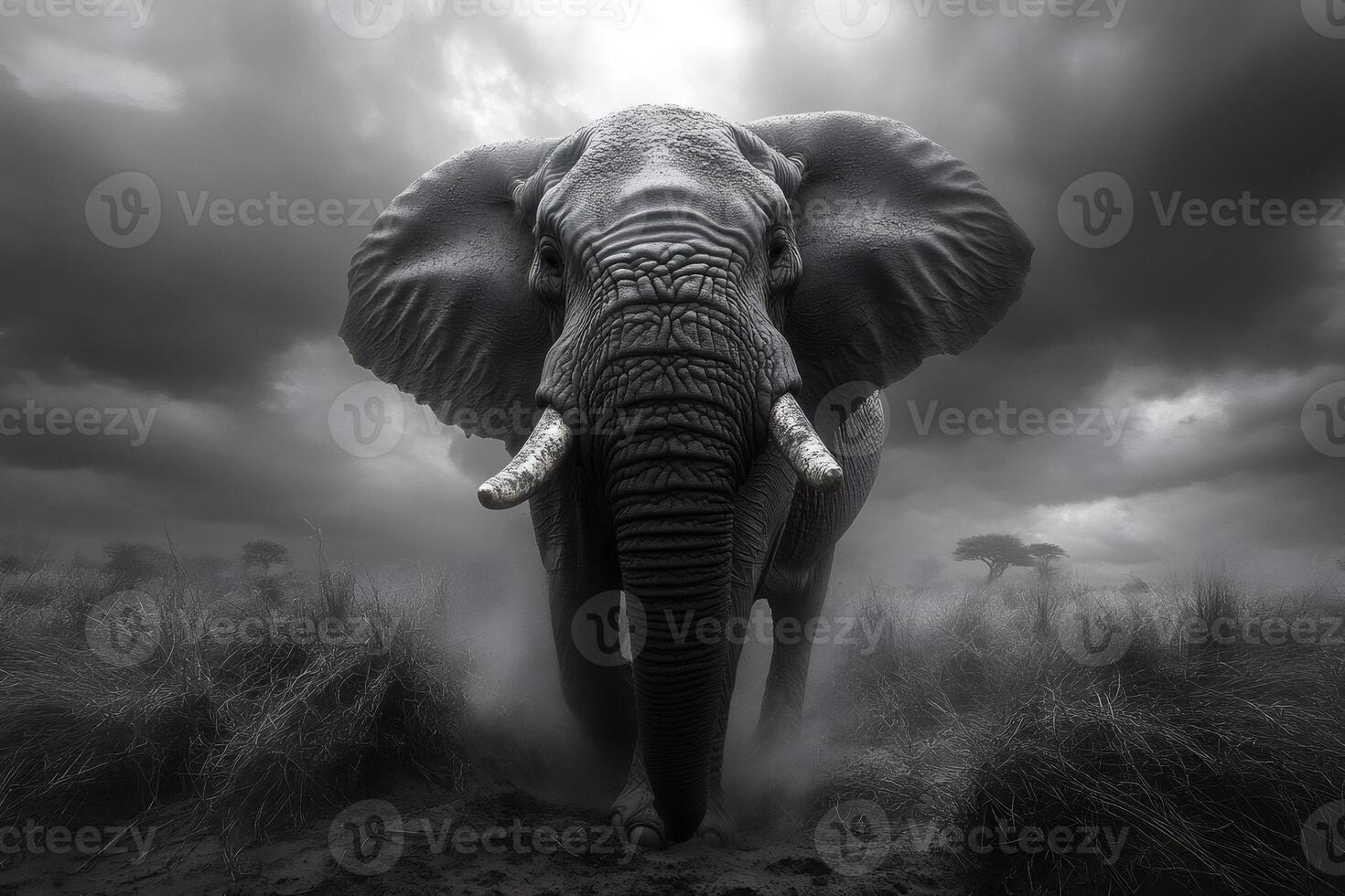 Majestic elephant walking on the african savanna under a dramatic sky photo