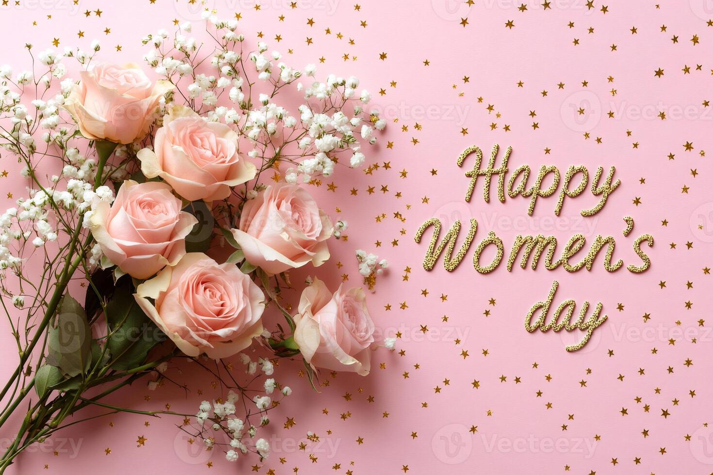 Pink roses and gypsophila celebrating Women's Day on a pink background with golden stars photo