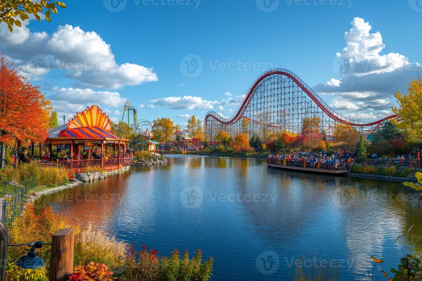 Tourists enjoying La Ronde amusement park in autumn with Goliath rollercoaster in Montreal, Quebec, Canada photo