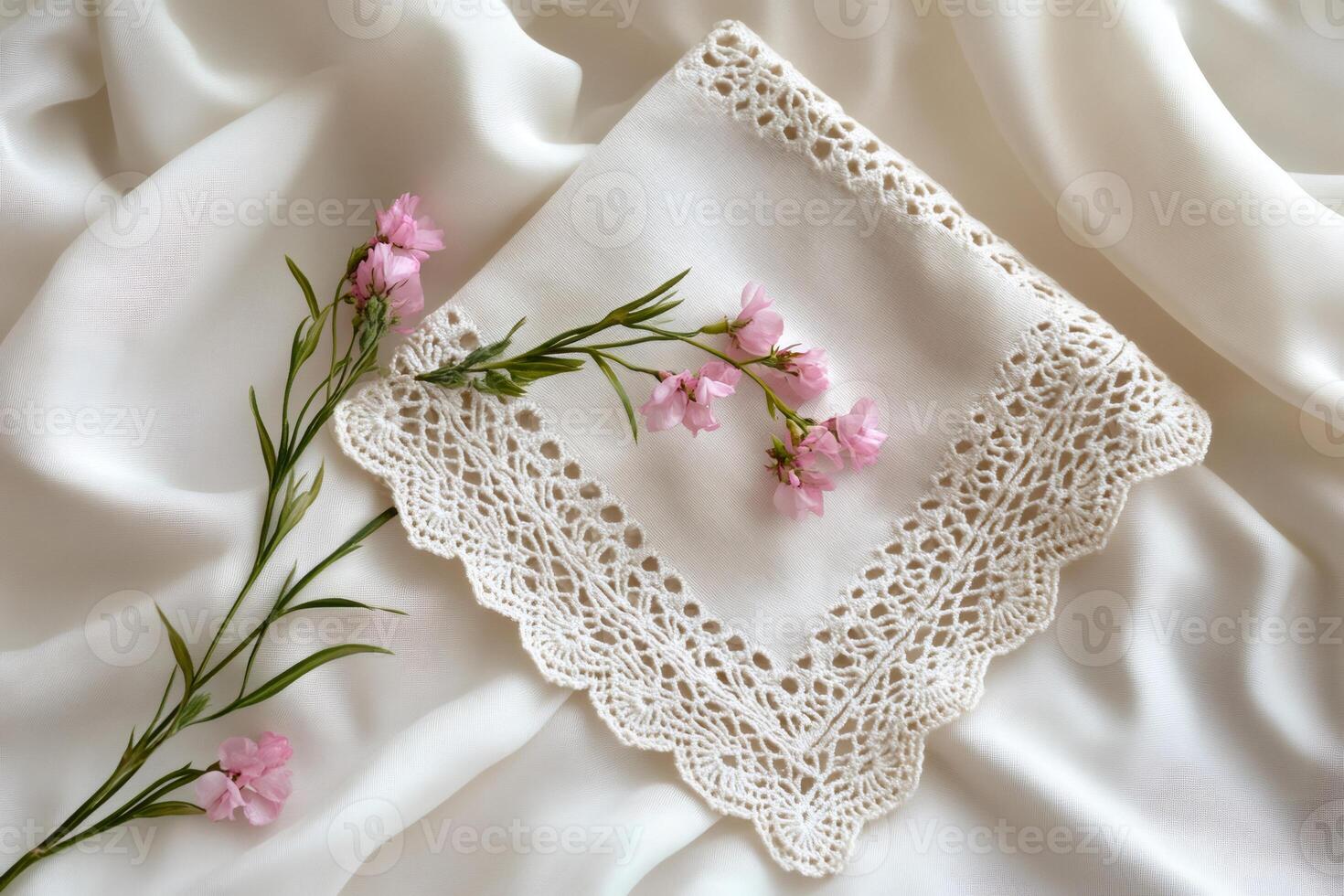 White lace handkerchief with pink flowers lying on white silk background photo