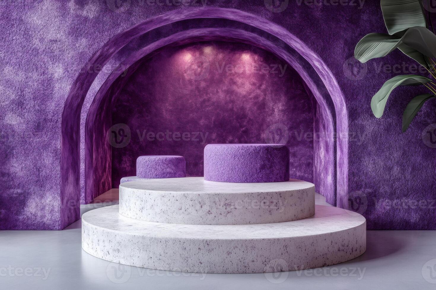 Purple textured display stand with arches presenting premium products photo
