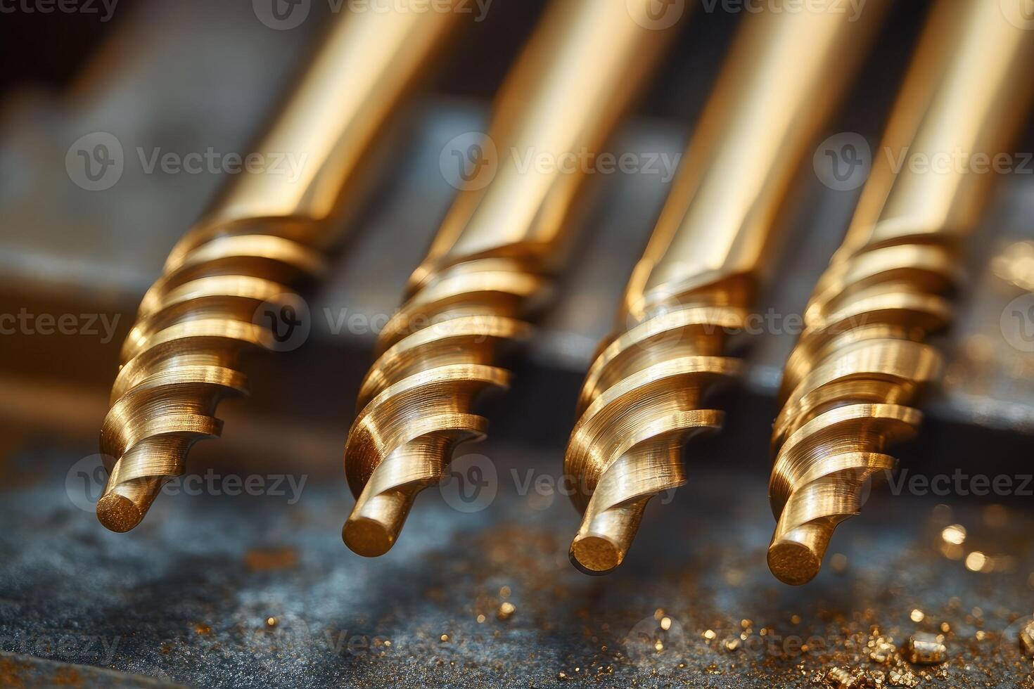 Set of four golden drill bits resting on metal surface. photo