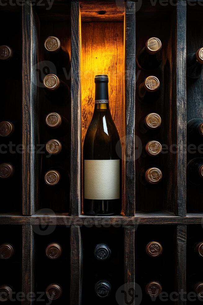 Wine bottle standing on wooden table in cellar with wine rack in background photo