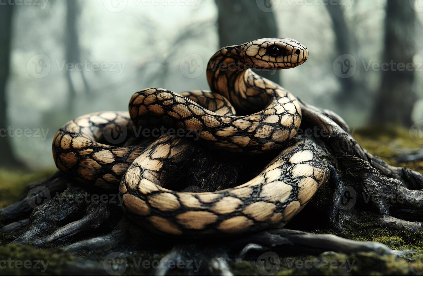 Coiled snake resting on roots in a mysterious forest photo