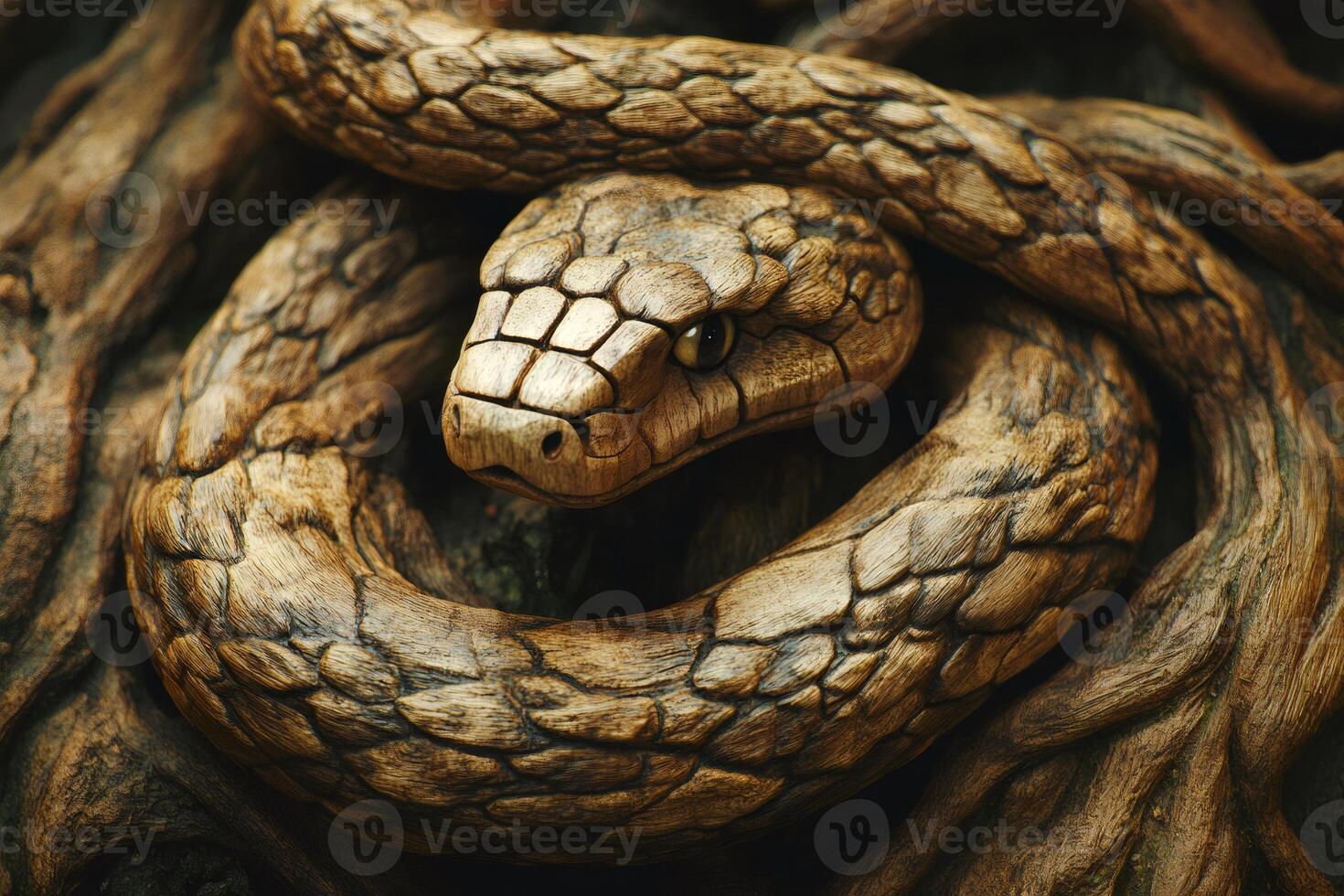 Wooden snake coiled around branch, showing intricate details and craftsmanship photo