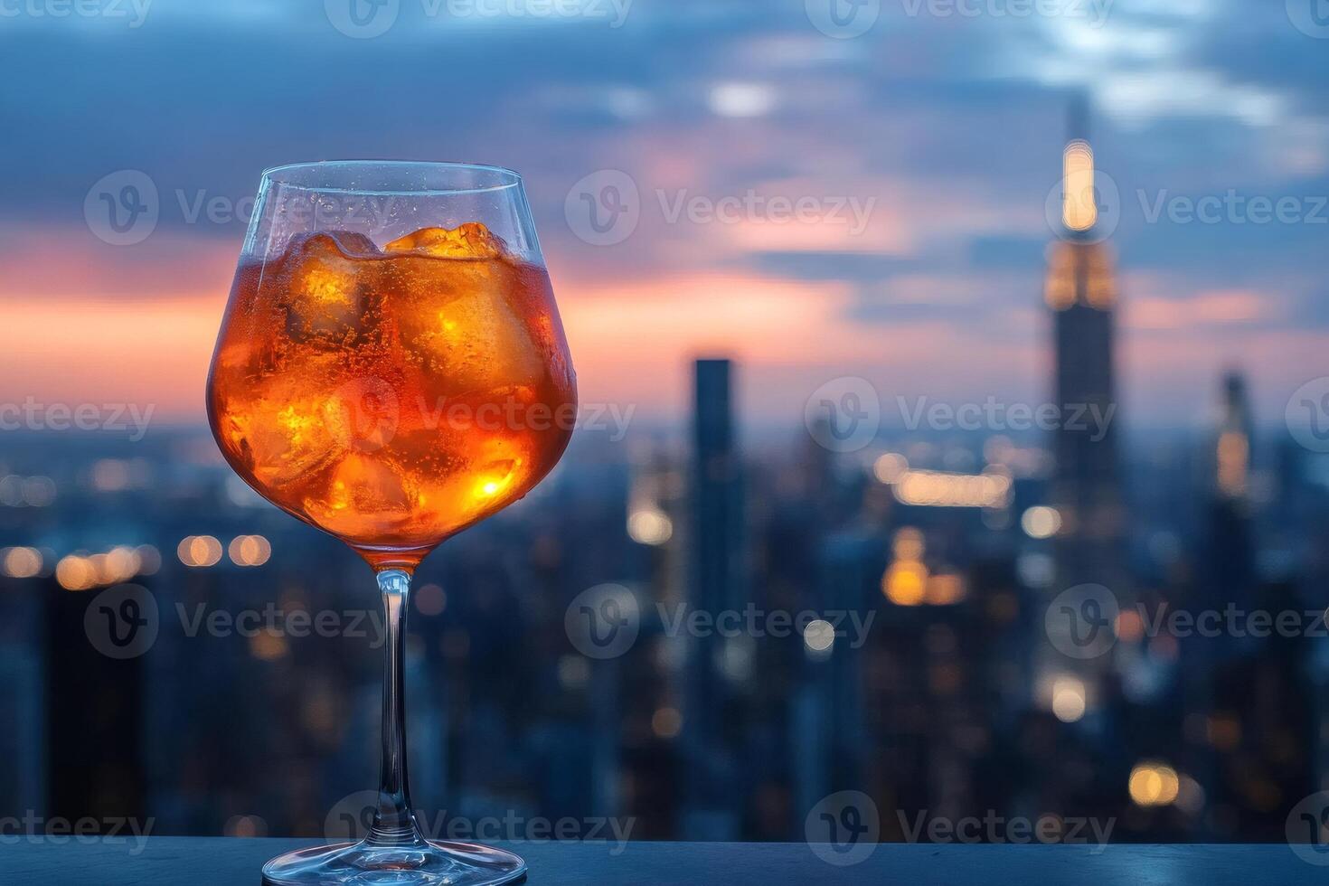 Aperitivo time with refreshing spritz cocktail on rooftop bar overlooking New York City skyline at sunset photo