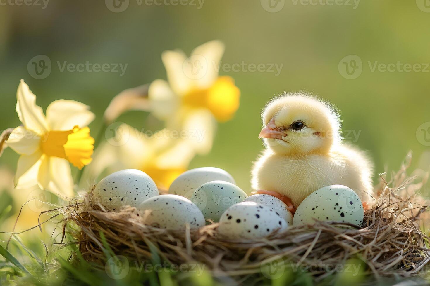 Little chick sitting in nest with easter eggs and daffodils in spring photo