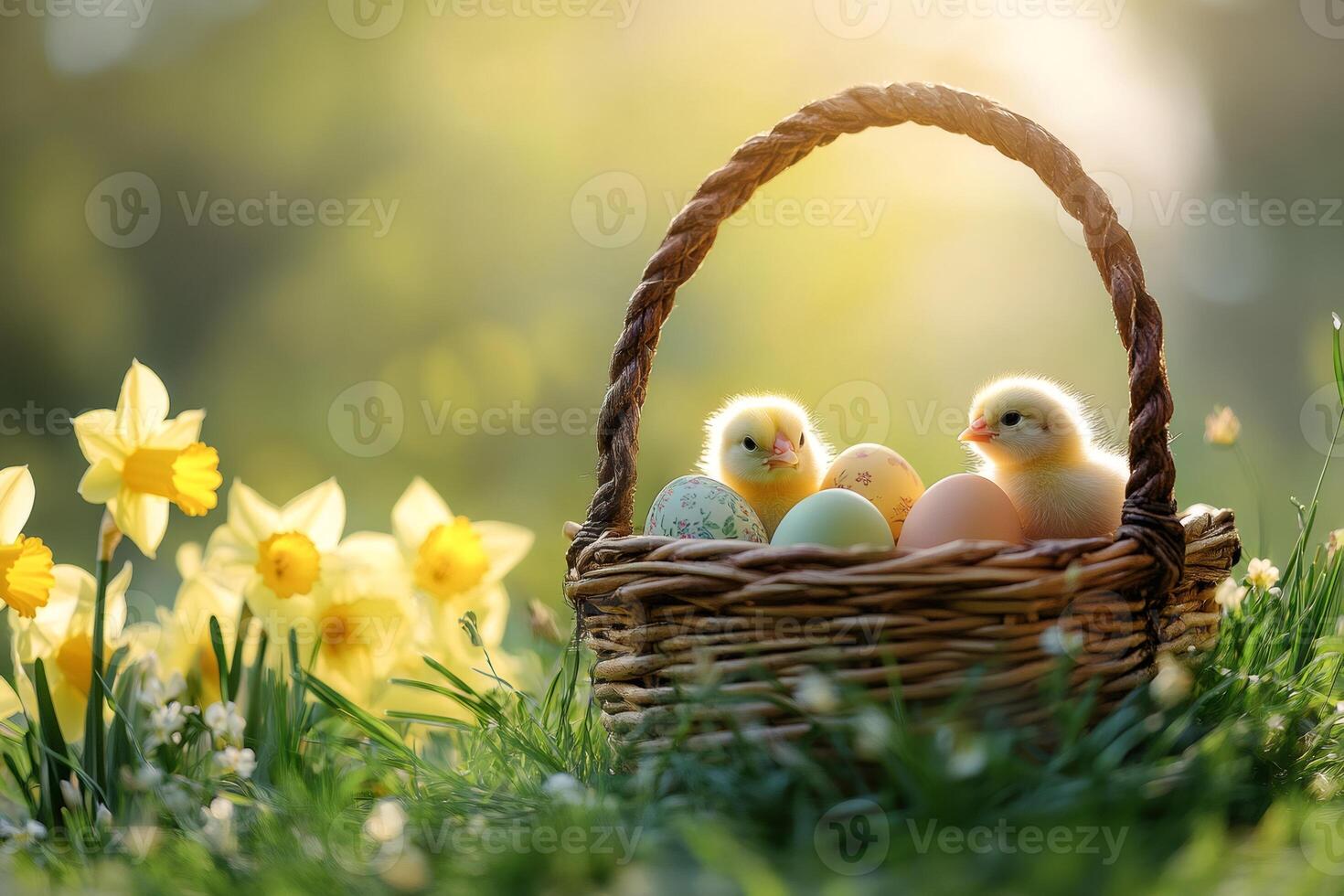 Easter chicks and eggs in basket with daffodil flowers during sunrise photo