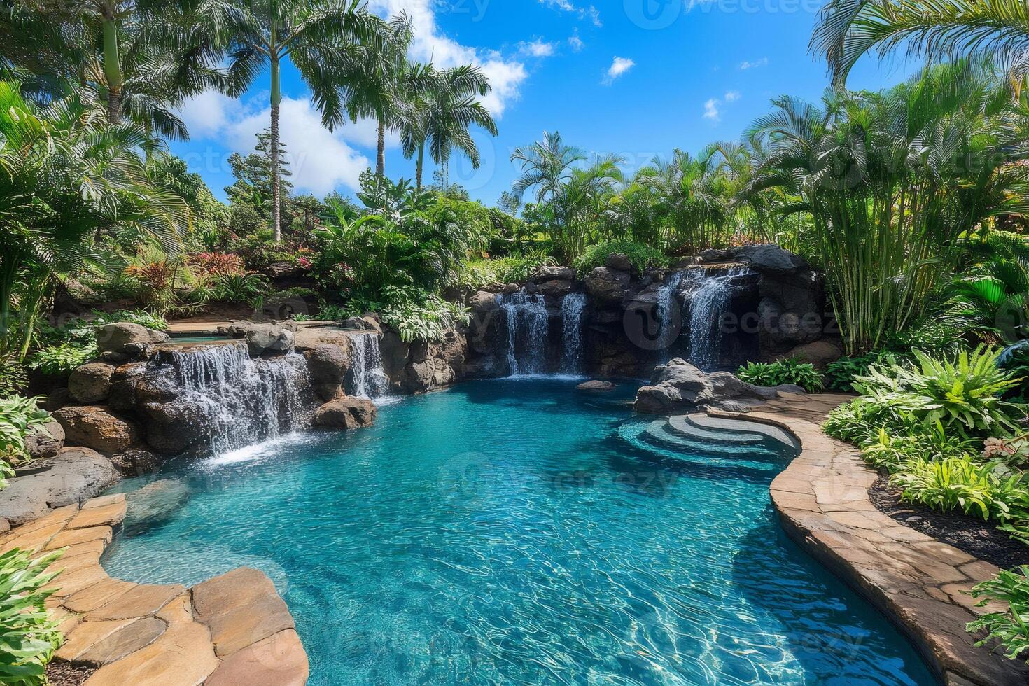 Luxurious tropical swimming pool with cascading waterfalls in Hawaii photo