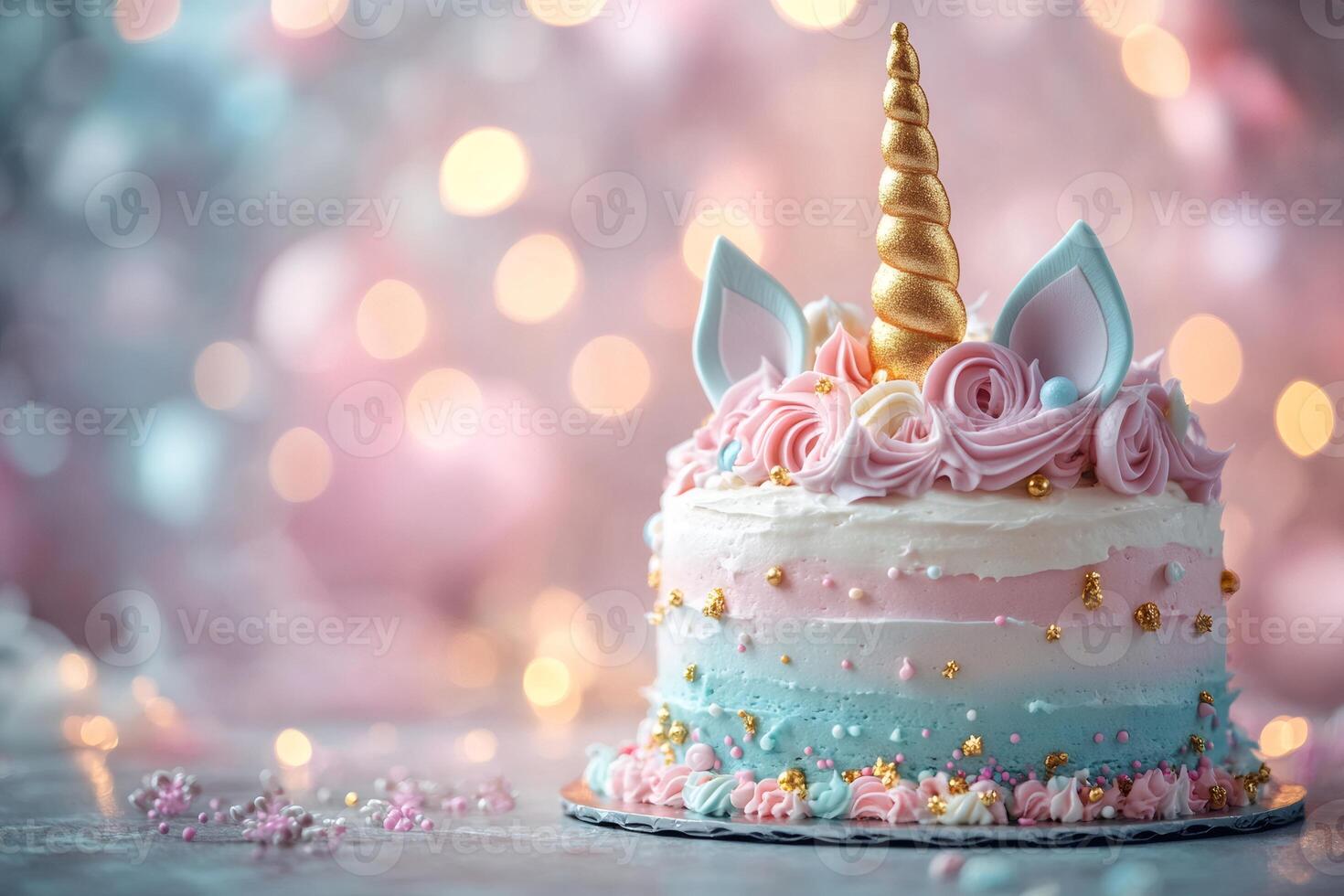 Delicious unicorn cake with pink and blue cream is waiting for the birthday party photo