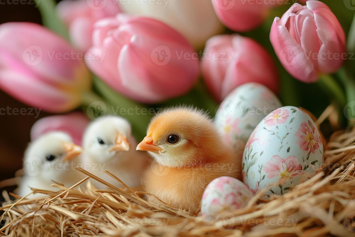 Adorable Chicks Nestled Among Pink Tulips and Eggs photo