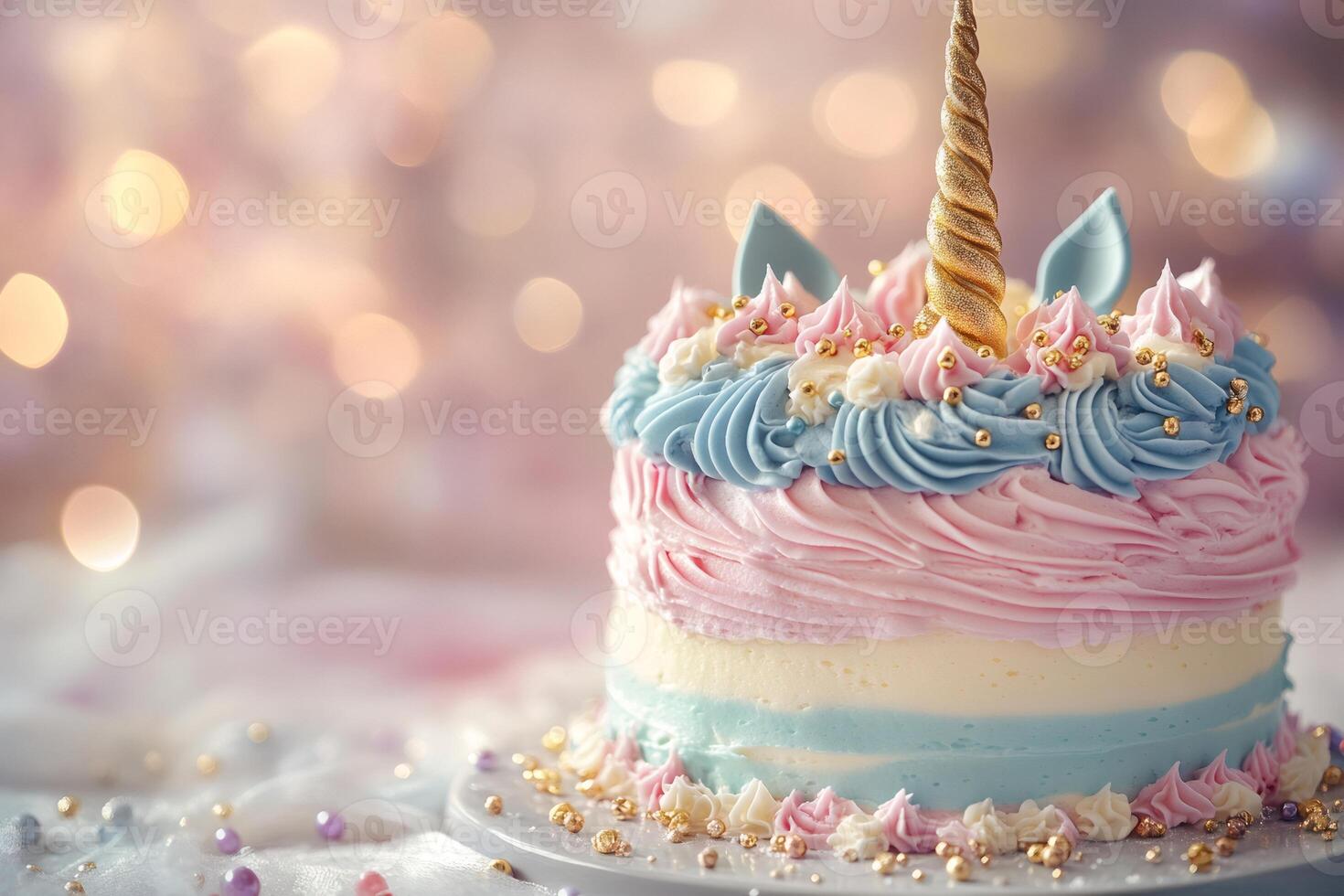 Delicious unicorn cake decorated with colorful cream and golden horn standing on a plate photo
