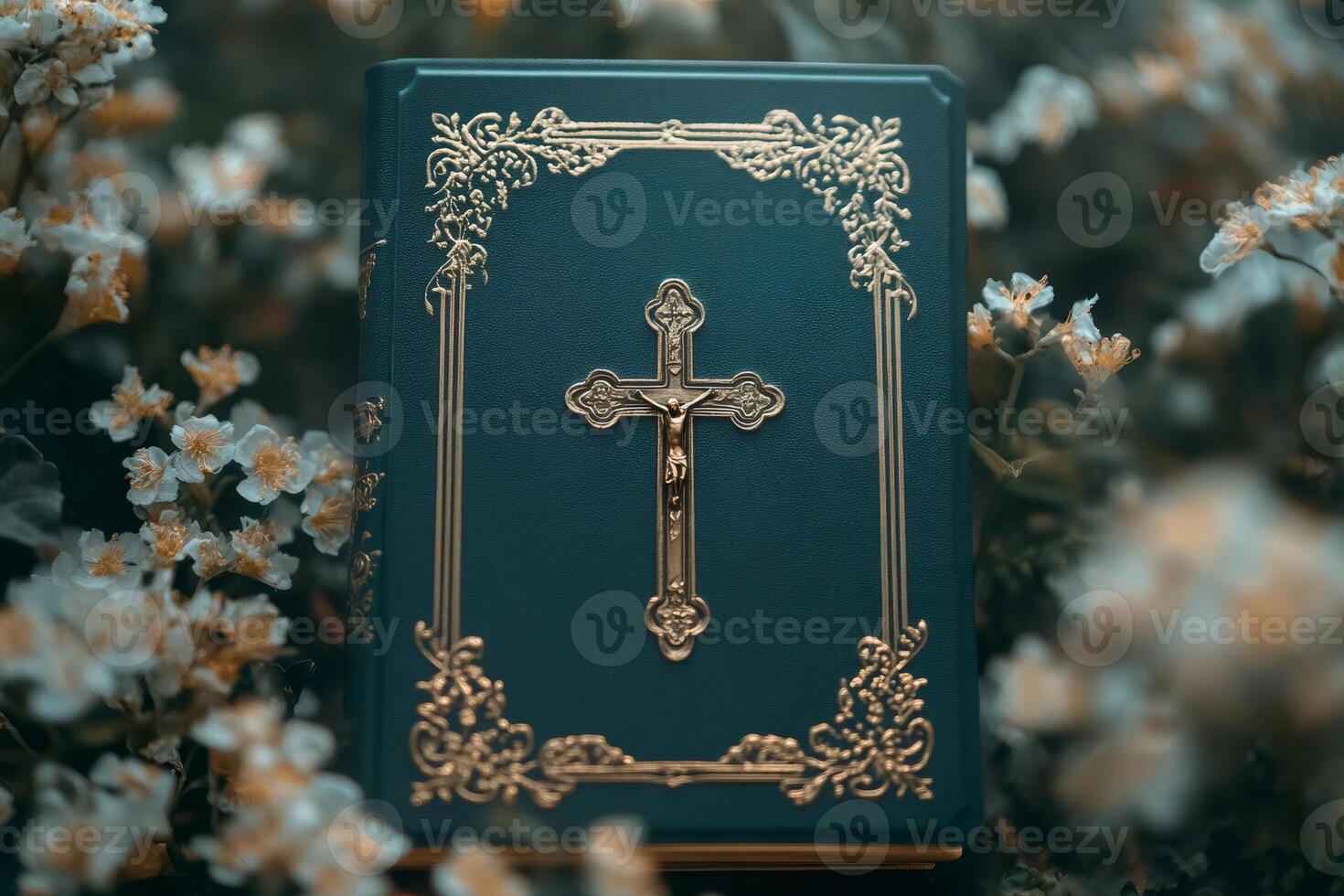 Holy Bible with golden cross resting on flowering plant photo