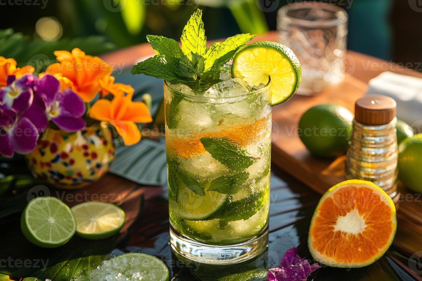 Refreshing mojito cocktail served on table with tropical flowers and orange slices photo