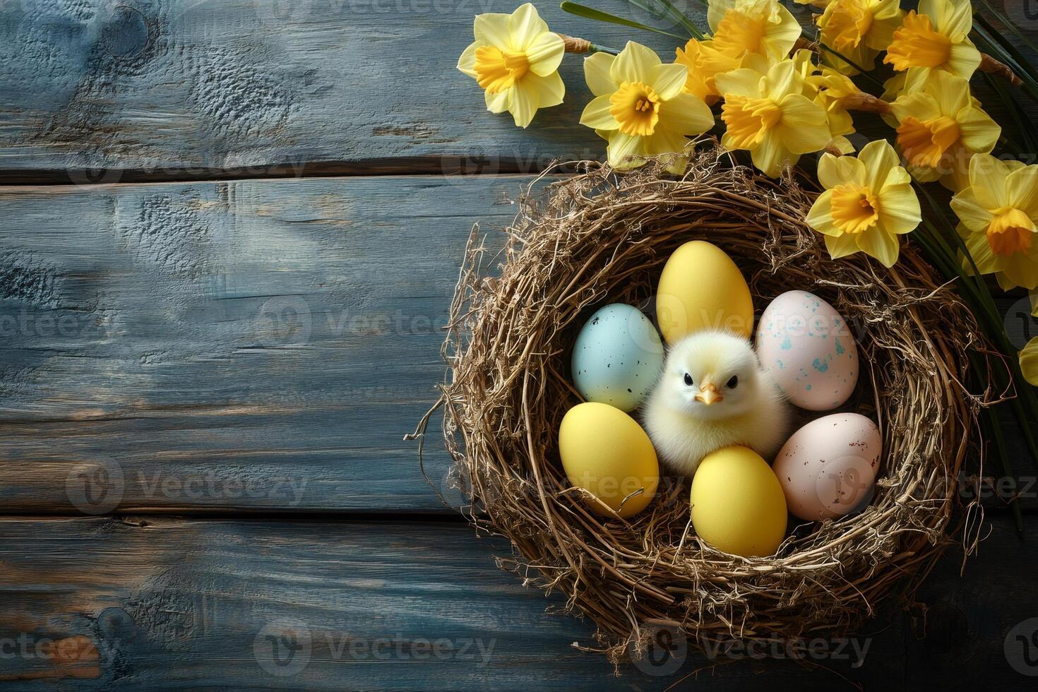 Cute yellow chick sitting in nest with easter eggs and daffodils on wooden background photo